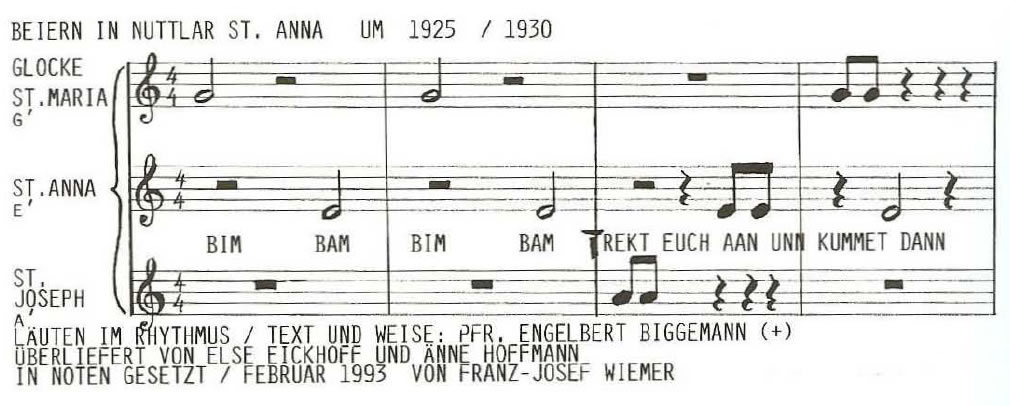 Notensatz zum Beiern in Nuttlar St. Anna um 1925/1930